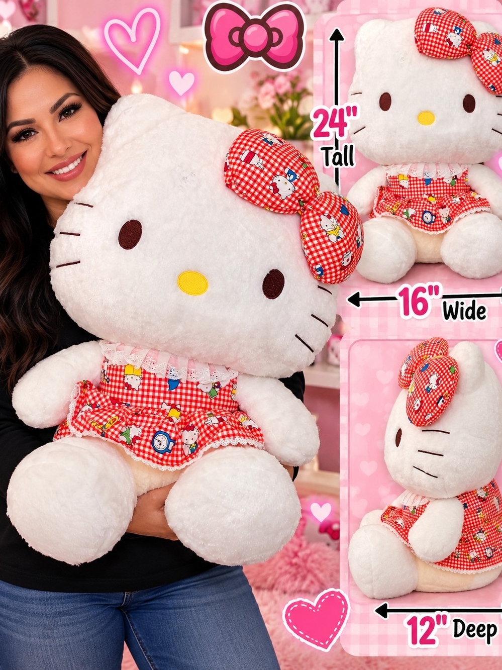 Hello Kitty Plush Toy in White with Red Gingham Dress and Bow